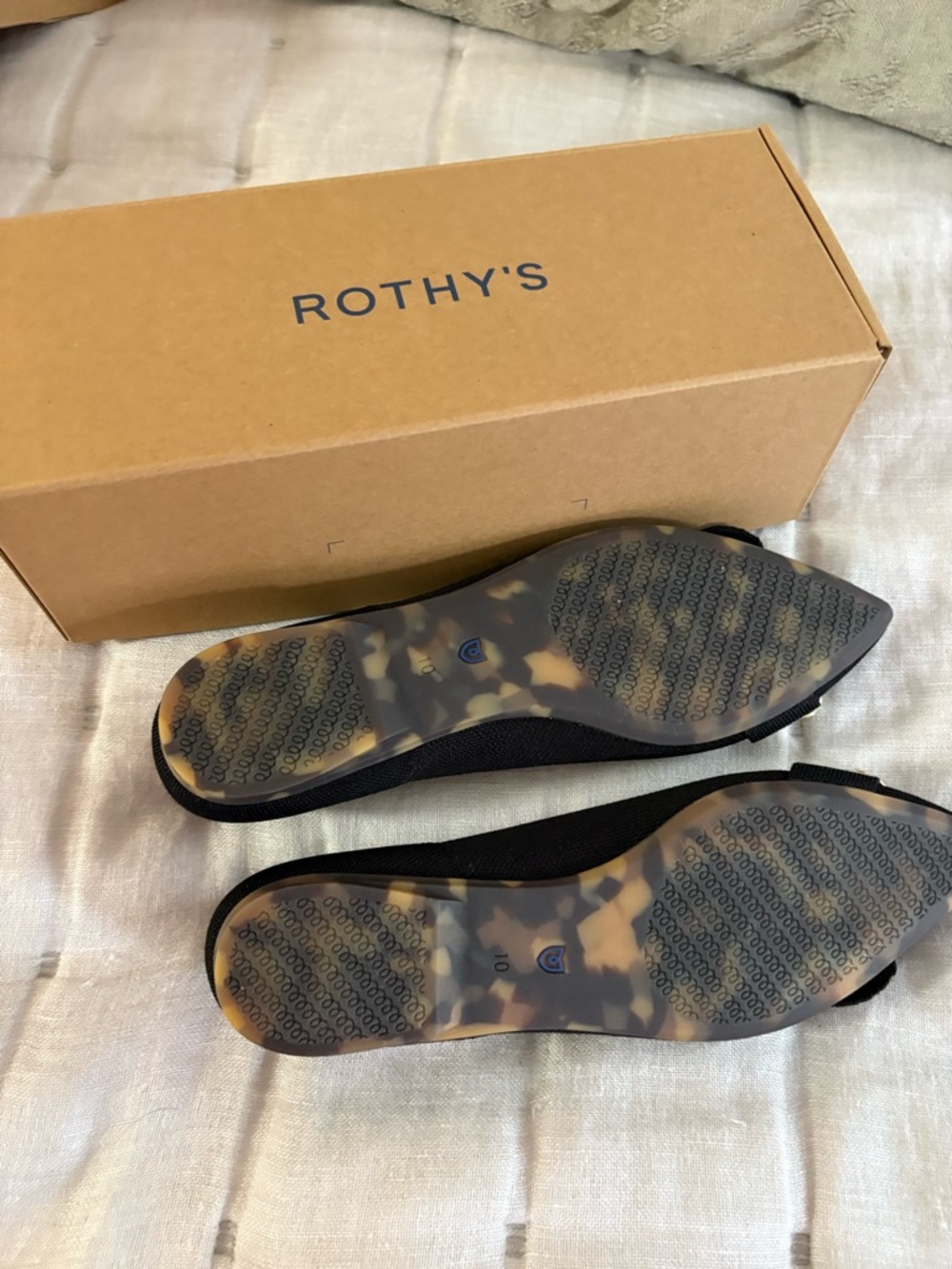 Rothy's The Emblem Point II - Black Pointed Toe Flats with Gold Buckles - Picture 2 of 3